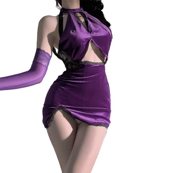 Pure temptation dark fantasy lingerie - velvet cosplay sleep dress for role play & sensual outfits, featuring elegant purple ...