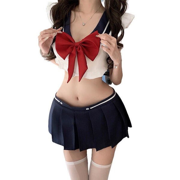 Sexy sailor uniform outfit featuring a pleated skirt and sailor top with a large red bow, perfect for kawaii schoolgirl or ma...