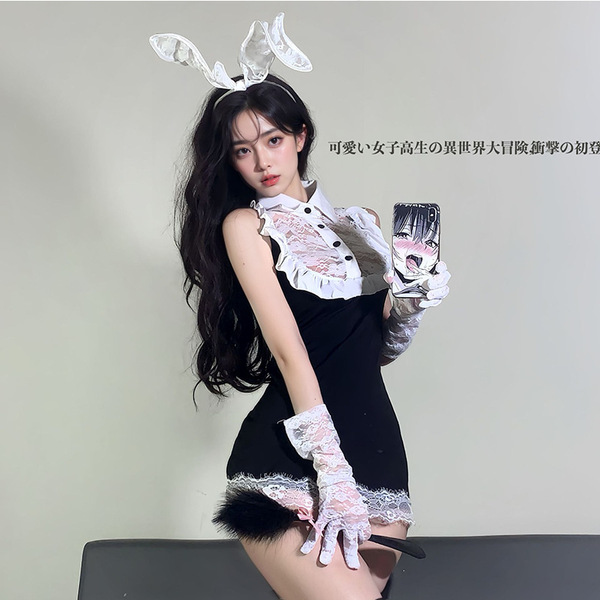 Sexy ol style sleepwear set for small bust women featuring lace details, bunny ears, and gloves. perfect for playful elegance...
