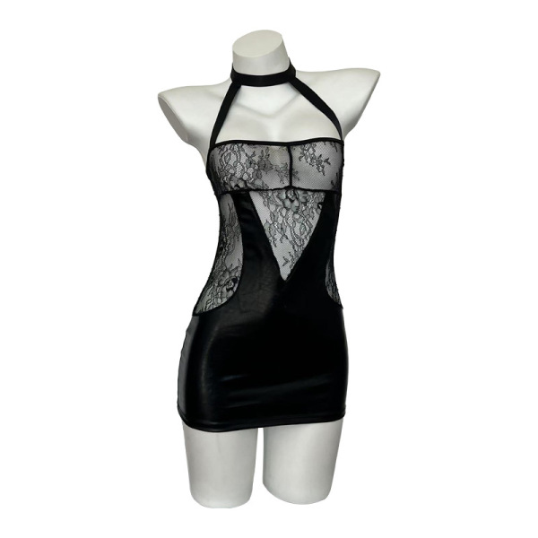 Black sheer lace bodysuit with halter neck and open back, displayed on a mannequin.