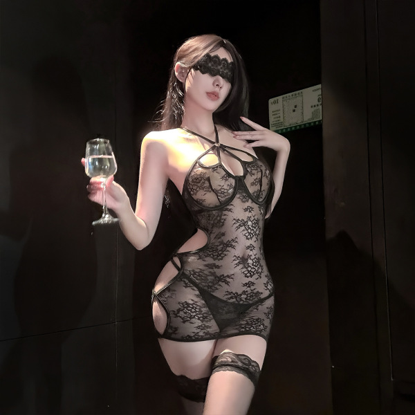 Woman in pure temptation lace bra set with steel-ring details, holding wine glass, exuding sensual elegance and alluring appe...