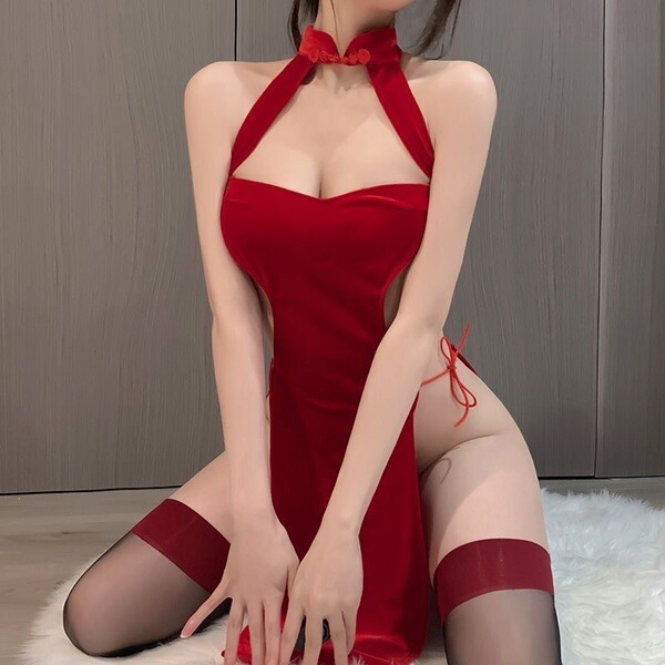 A woman wearing a red lace dress inspired by traditional chinese attire, featuring an open back and thigh-high stockings, exu...