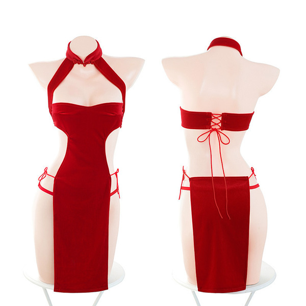 Pure temptation lace -inspired seductive open-back split dress for adults, featuring elegant red design with halter neck and...