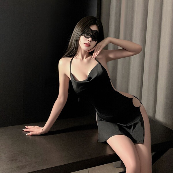 Sexy black lace sleep dress with halter neck design, featuring a sensual cutout back and elegant eye mask detail, perfect for...