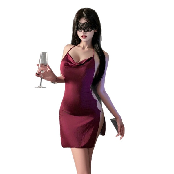 Sexy backless nightgown with halter neck design, featuring lace details and elegant fit for womens seductive lingerie sets.
