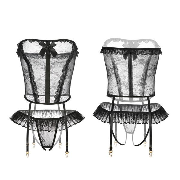 Pure temptation lingerie set with lace garter belt and open-crotch stockings, elegant black design for wholesale and dropship...