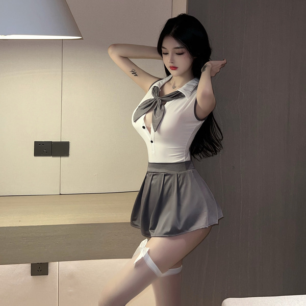 Sexy backless jk schoolgirl outfit with a white blouse and gray skirt, perfect for seductive allure.