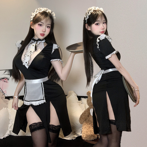 Pure temptation maid cosplay lingerie set featuring revealing chest and butt design, no-remove uniform outfit with lace detai...