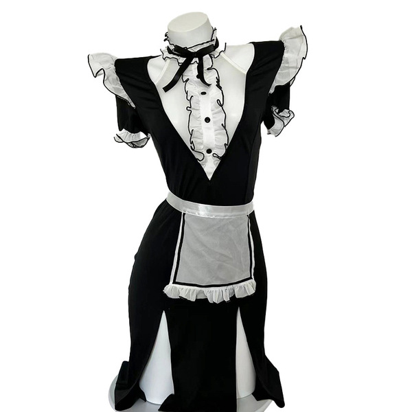 Pure temptation maid cosplay lingerie set - revealing chest & butt costume, no-remove seductive uniform outfit featuring blac...