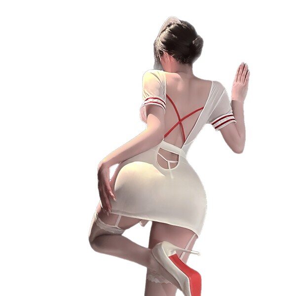 Woman in white nurse costume lingerie with red accents, back view showing cross straps and garter stockings.
