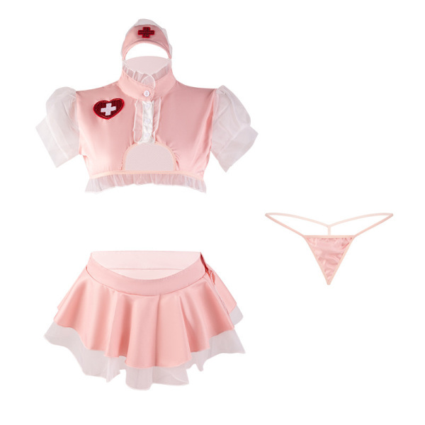 Pink nurse costume with lace top, petticoat skirt, and matching lingerie for women.