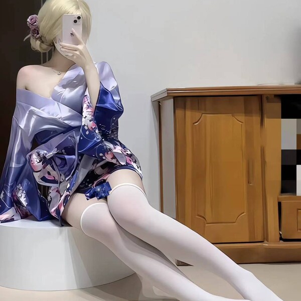 Pure temptation womens lingerie set - deep v japanese kimono style cosplay outfit with floral fox dream design, featuring ele...