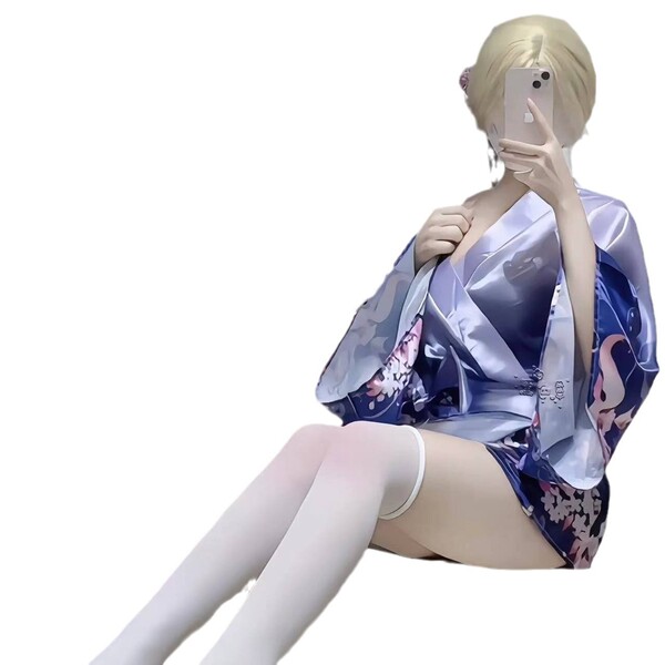 Pure temptation womens lingerie set - deep v japanese kimono style cosplay outfit with floral fox dream design