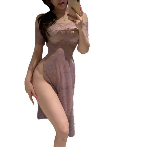 Woman wearing sheer lavender qipao-style lingerie set with high slit, holding phone for mirror selfie.