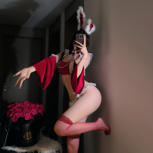 Sexy holiday outfit featuring a bunny girl costume with red accents, bunny ears, and a rear cutout design. perfect for festiv...