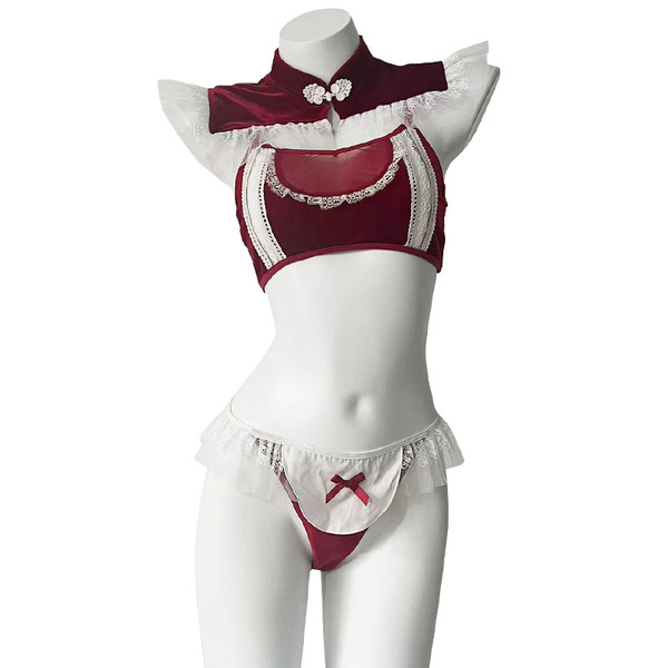 Sexy holiday outfit featuring a festive bunny girl costume with a red top, white lace trim, and a rear cutout design.