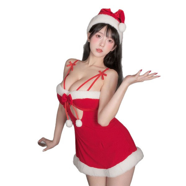 Sexy santa-themed sleep dress with red ribbon details for holiday cosplay and date nights