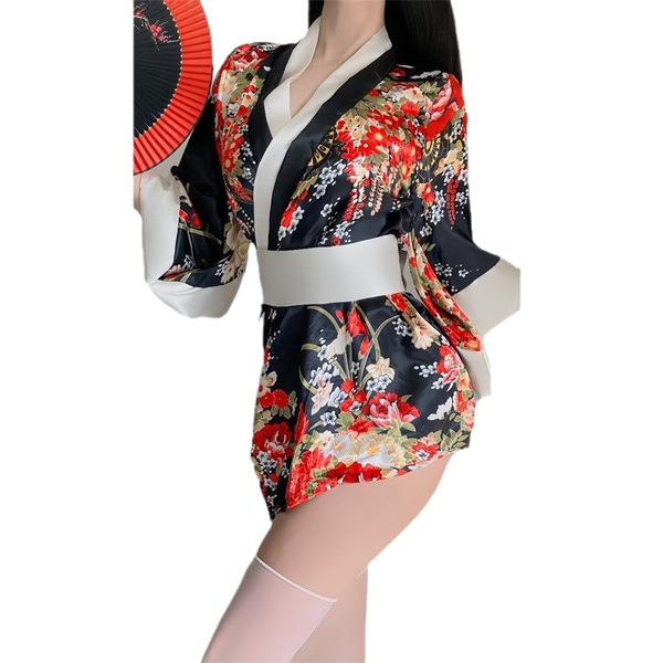 Sexy yukata-inspired kimono lingerie set featuring vibrant floral patterns, perfect for role play costumes.