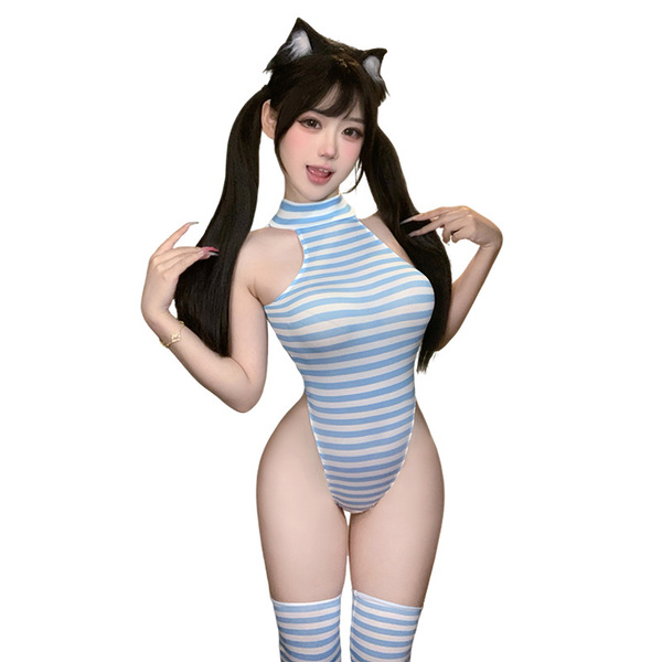 A woman poses wearing a blue and white striped open-crotch sleepwear set, featuring cat ears and knee-high socks, ideal for s...