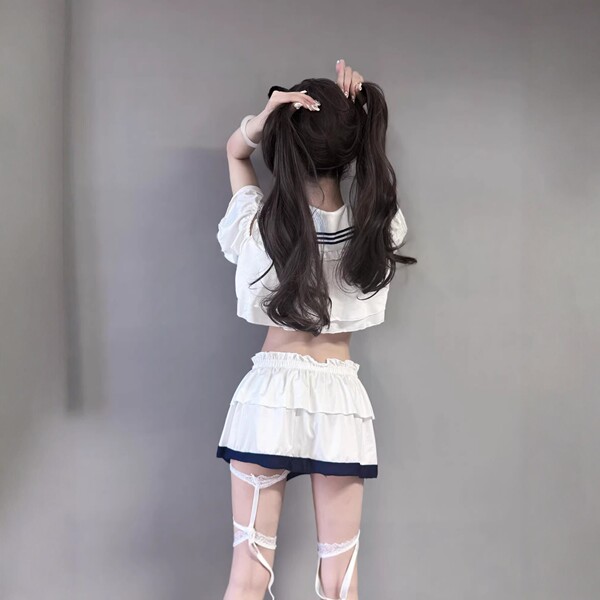 Pure & tempting jk uniform set featuring navy collar bow design, white sailor-style top with ruffled skirt, perfect student l...