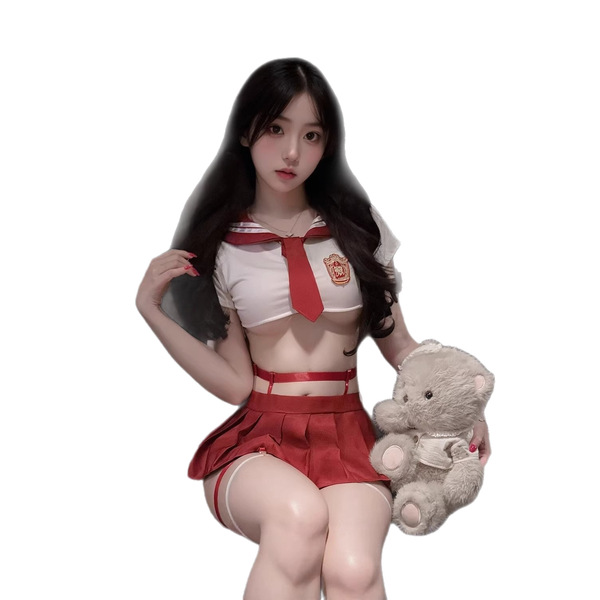 A stylish young woman poses with a teddy bear, wearing a red and white sailor-style skirt outfit. the ensemble features a cro...