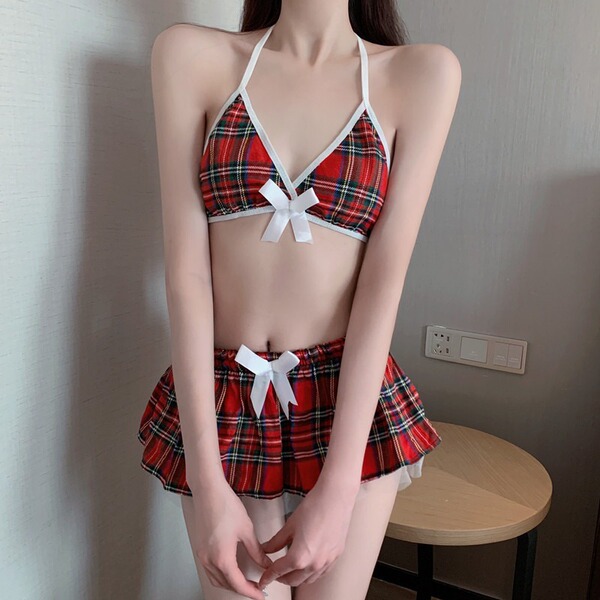 Pure & tempting lingerie set - seductive plaid short skirt student jk uniform outfit for women, featuring a red plaid design ...