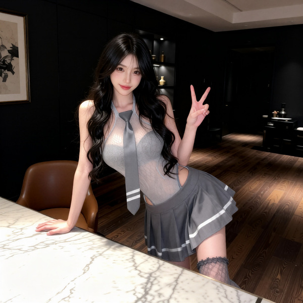 A woman poses playfully wearing a gray pure & tempting lingerie set, featuring a sheer top with tie detail and a pleated skir...