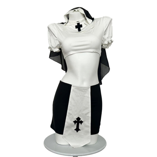 Pure & tempting nun-themed lingerie set with sheer cut-out bust and bodycon mini skirt, perfect for cosplay.