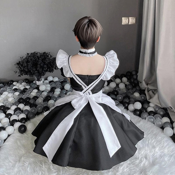 Pure & tempting male maid costume set - cute cosplay sleepwear uniform for adults, featuring a black dress with white accents...