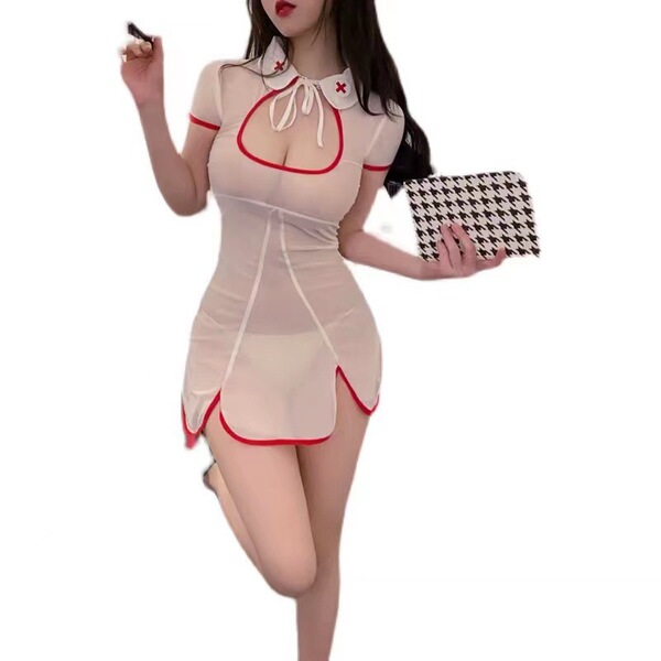 Woman in sheer white nurse costume with red trim, holding clutch and lipstick — pure & tempting nurse costume set for couples...