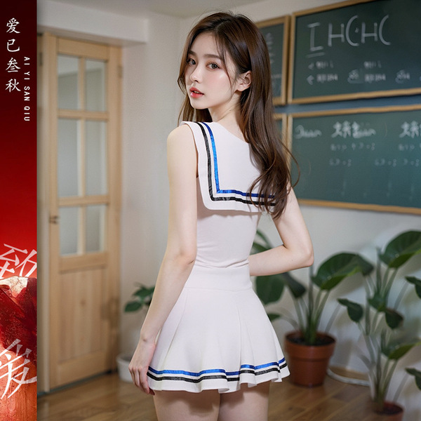 A stylish sailor uniform featuring a white dress with blue accents, perfect for role play or cosplay events.
