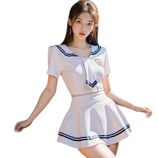 A stylish sailor uniform set featuring a white crop top with navy trim and matching pleated skirt, perfect for role play or c...