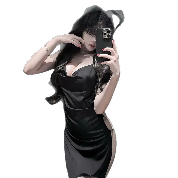 Sexy black bodycon dress with halter neck design, perfect for evening wear or sleepwear, paired with sheer stockings.