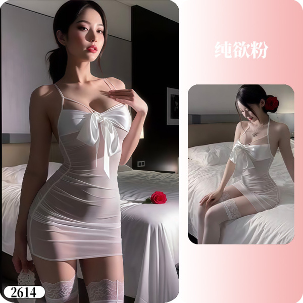 YueDie Seductive Lingerie Set - OL Style Pure & Tempting Bodycon Dress with Lace Stockings - 2614 Pure White◆Snow Kiss Velvet◆【Pajama Item】