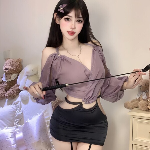 Plus Size Sexy Lingerie Set - Sheer Side-Open Waist-Baring Nightclub Secretary Costume Outfit - Pure and beautiful secretary + matching garter stockings