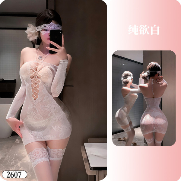 YueDie Seductive Lingerie Set - OL Style Pure & Tempting Bodycon Dress with Lace Stockings - 2607 Pure White ◆ Whispering Roses ◆ 【Meat Clothing Item】