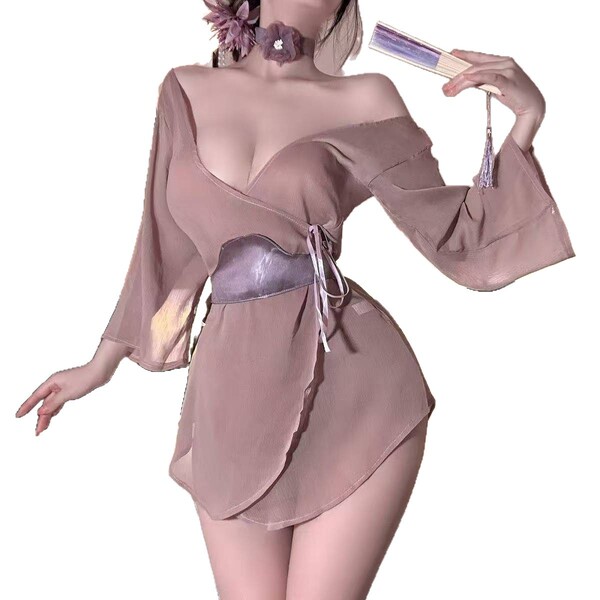Elegant purple lace hanfu-inspired sleepwear featuring an off-shoulder design with a backless robe set, perfect for women see...