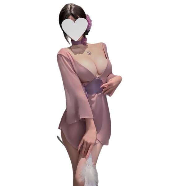 A woman wears a purple lace sleepwear inspired by hanfu, featuring an off-shoulder design and open back, exuding sensual allu...