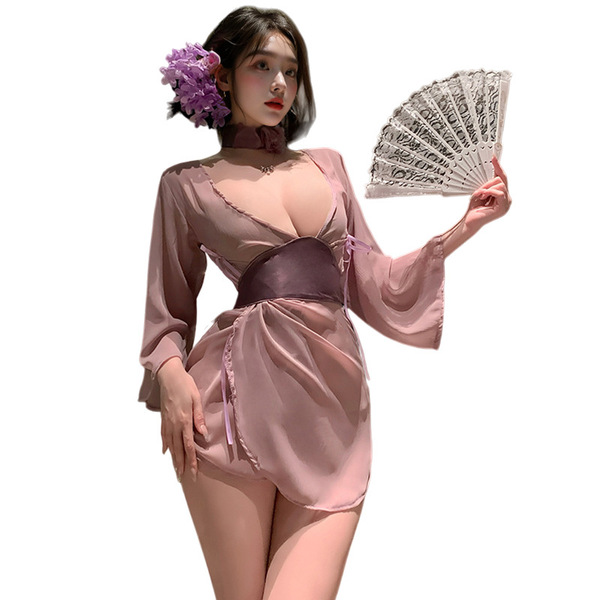 Elegant purple lace hanfu-inspired sleepwear featuring a deep v-neckline, wide sleeves, and a flowing skirt design, perfect f...