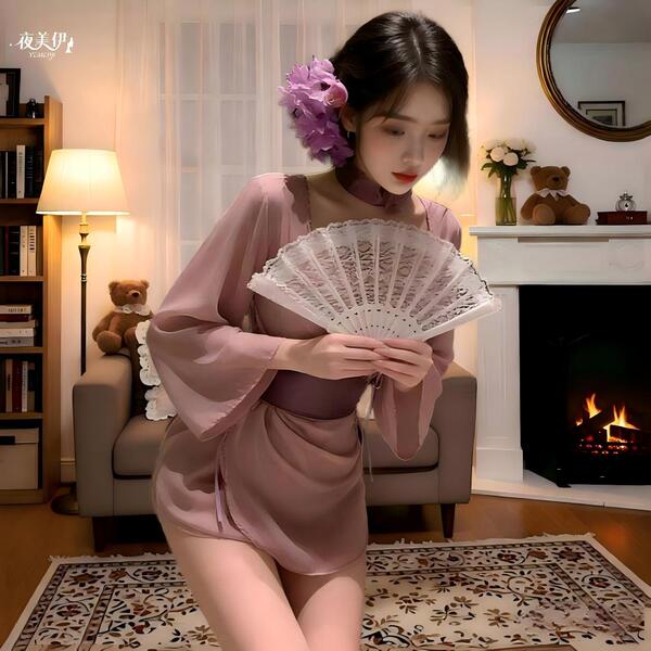 A woman elegantly poses in a luxurious purple alluring lingerie set inspired by hanfu, featuring wide sleeves, an off-shoulde...