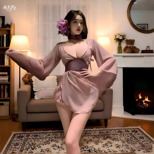 A woman poses elegantly in a sensual purple alluring lingerie set inspired by hanfu, featuring wide sleeves, an off-shoulder ...