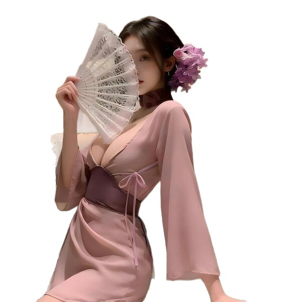 Elegant purple alluring lingerie set inspired by hanfu, featuring sensual design with wide sleeves, off-shoulder, and backles...