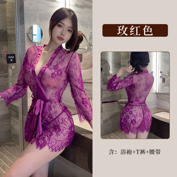 Fan Lei Lace Sexy Purple Sheer Long Dress Robe Sleepwear Set - Sensual Lingerie for Women - Purple [Bathrobe + T-shirt + Belt]