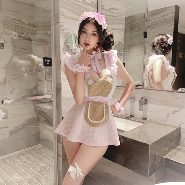 Flirty Plus Size Maid Costume - Busty Sexy Chef & Housemaid Outfit with Black Stockings & Playful Lingerie Vibes - Purple Bear Outfit [Open Crotch Bodysuit + Apron + Headband + Neck Ring + 2 Sleeves] (Socks not included)