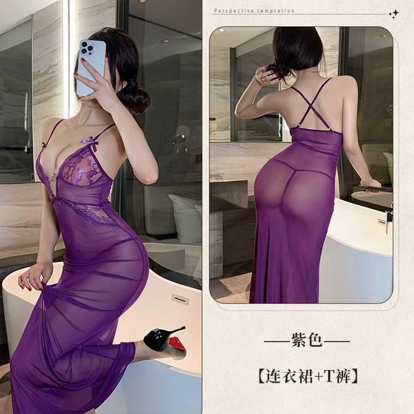 Fan Lei Sexy Long Dress - Sheer Lace OL Office Outfit Nightclub Costume Sleepwear Set - Purple [Including thong]