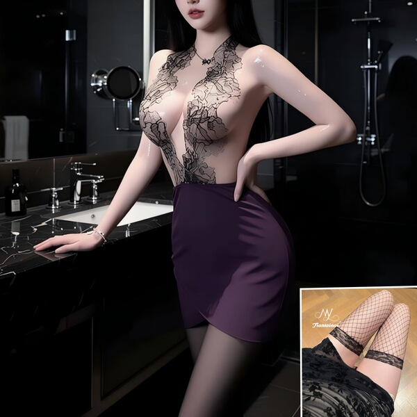 Sexy Lace Bodycon Mini Dress - Seductive Lingerie Set with Sheer Cutouts & Matching Sleepwear - Purple and black fishnet stockings