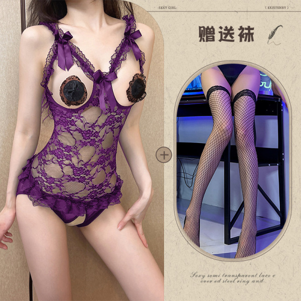 Qingran Plus Size Lingerie Set - Lace Seductive Sleepwear Bodysuit with Open-Crotch Design & Sexy Uniform Style - Purple and black fishnet stockings