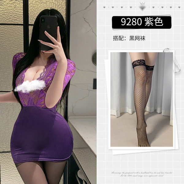 Purple OL Secretary Sexy Lingerie Set – Deep V Lace Sheer Tight Fit Skirt Outfit - Purple and black fishnet stockings