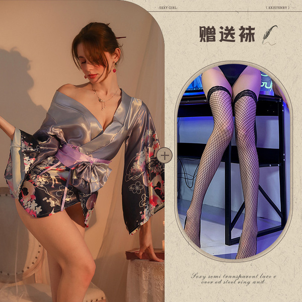 Qing Ran Purple Lace Robe Sleep Dress - Japanese Kimono Style Sensual Lounge Wear with Waist Tie - Purple and black fishnet stockings