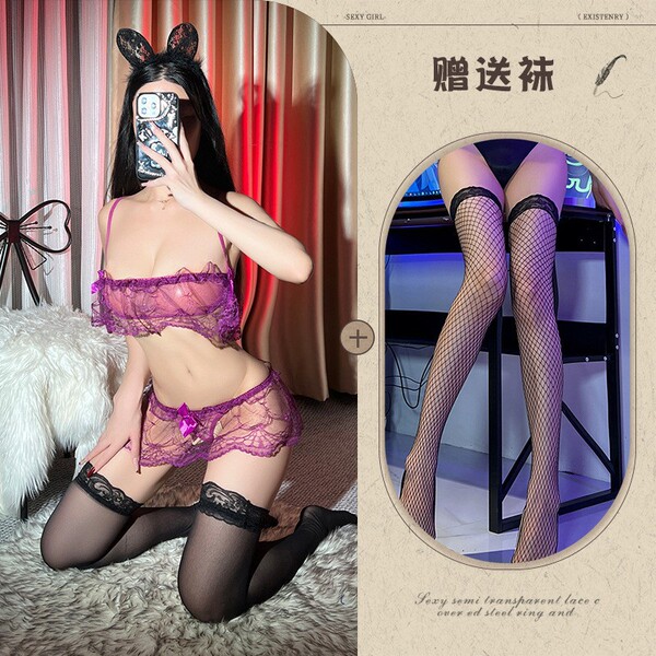 Women's Sexy Lace Babydoll Set - Sheer Mesh Open-Crotch Sleepwear for Intimate Nights - Purple and black fishnet stockings